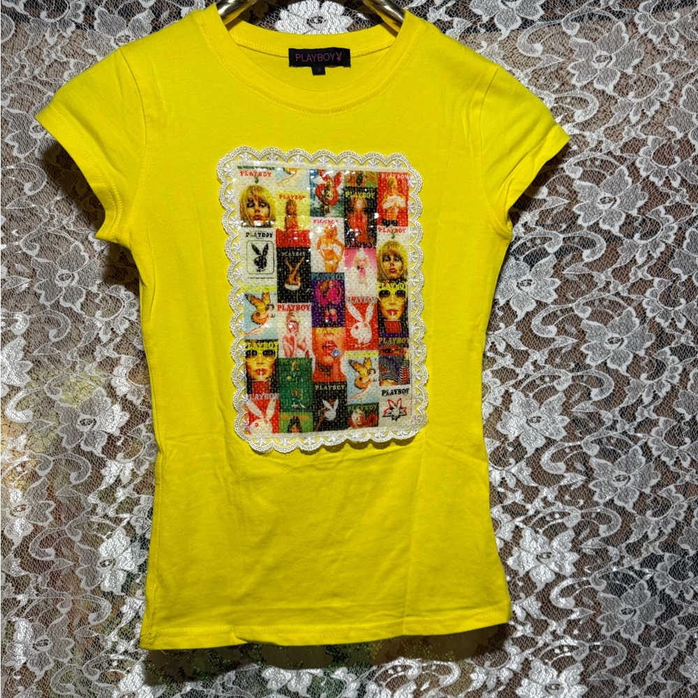 PLAYBOY y2k 2000s vintage Yellow Patchwork Graphic Tee small excellent condition